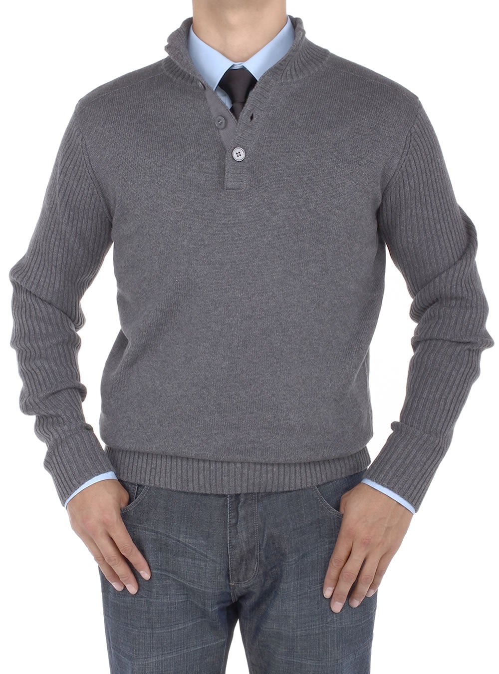 Luciano Natazzi Mens Mock Neck Ribbed Sleeve Quarter Button Sweater ...